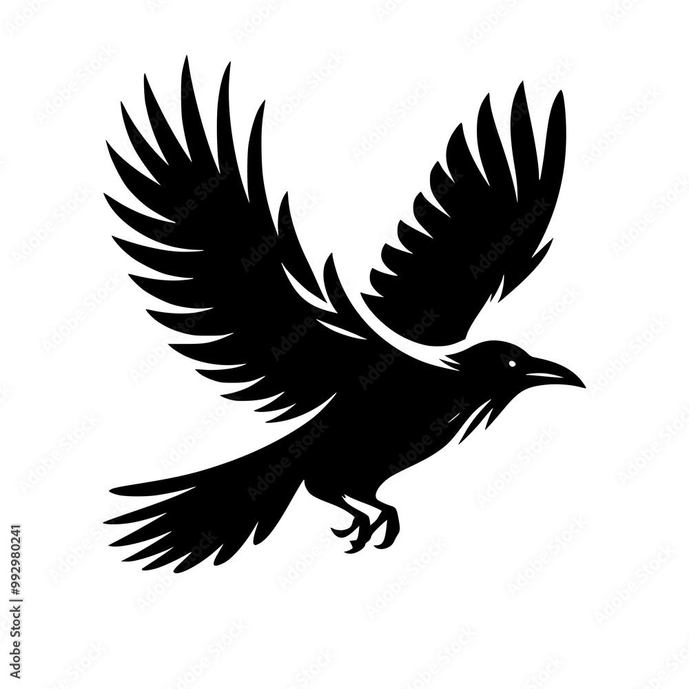 Obraz premium Vector logo of a flying raven. black and white illustration of a crow isolated on white background. can be used as a tattoo, emblem, logo.