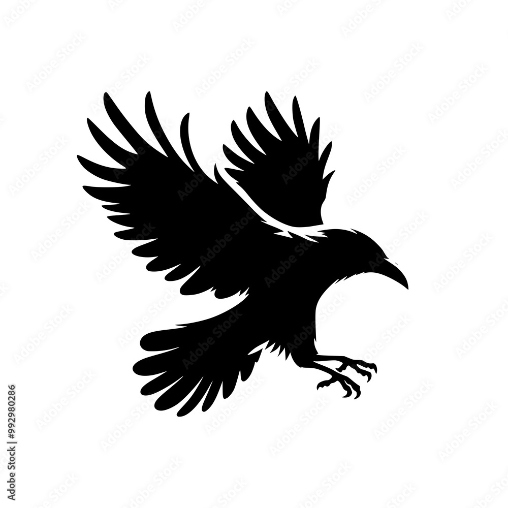 Obraz premium Vector logo of a flying raven. black and white illustration of a crow isolated on white background. can be used as a tattoo, emblem, logo.