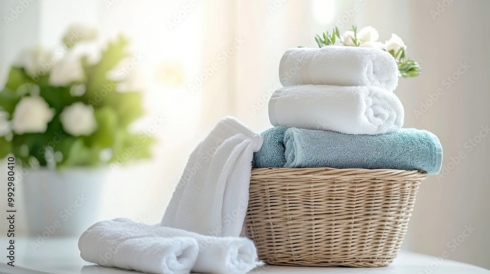 Beautiful white towel wrapped in wicker basket, white curtain in hotel room Beautiful white towel wrapped in wicker basket, white curtain in hotel room