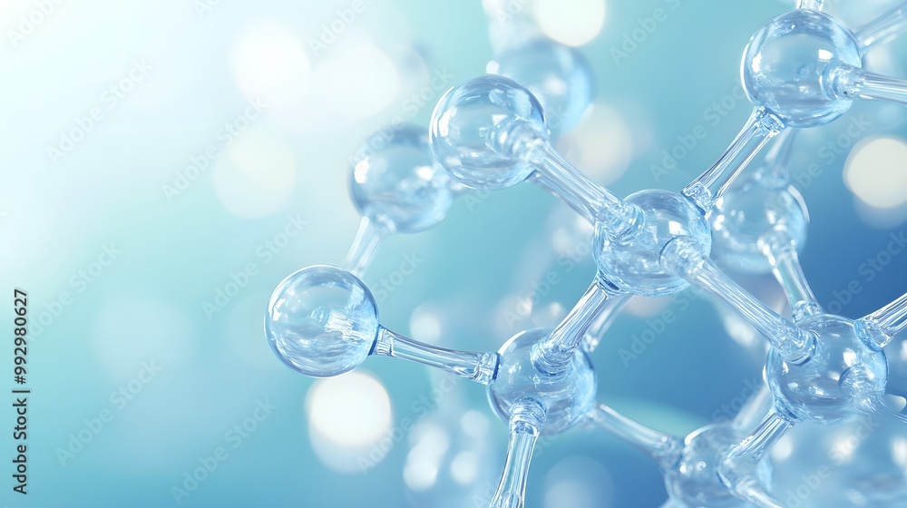 A close-up of a transparent molecular structure with a blurred blue background. A close-up of a transparent molecular structure with a blurred blue background.