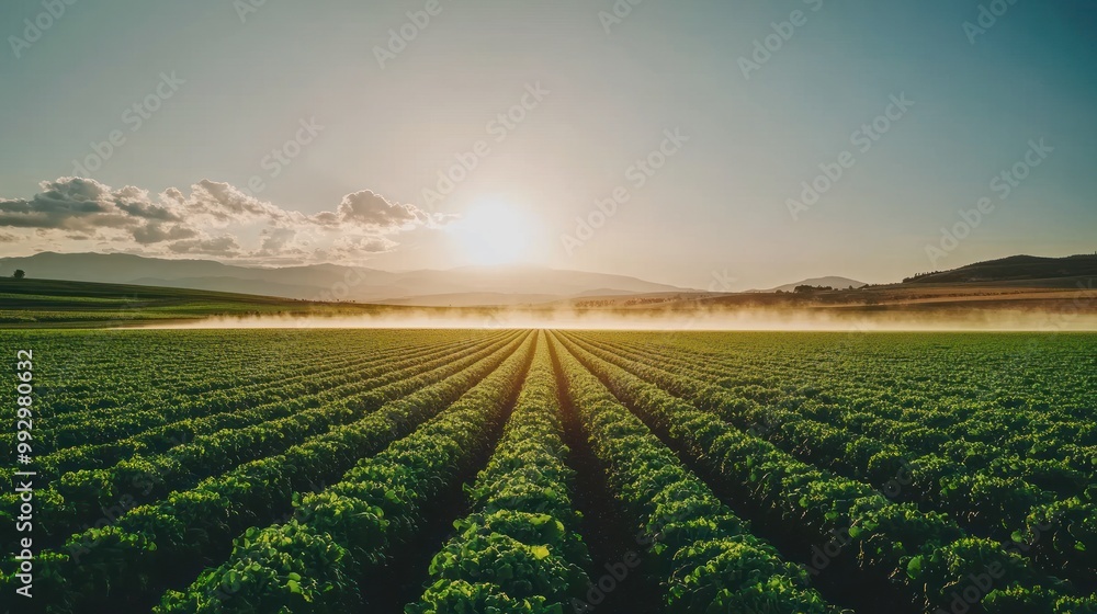 A serene landscape of rows of crops under a sunrise, highlighting agricultural beauty. A serene landscape of rows of crops under a sunrise, highlighting agricultural beauty.