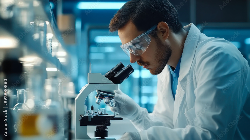 In a Modern Laboratory Two Scientists Conduct Experiments. Chief Research Scientist is Looking in a Microscope. In a Modern Laboratory Two Scientists Conduct Experiments. Chief Research Scientist is Looking in a Microscope.