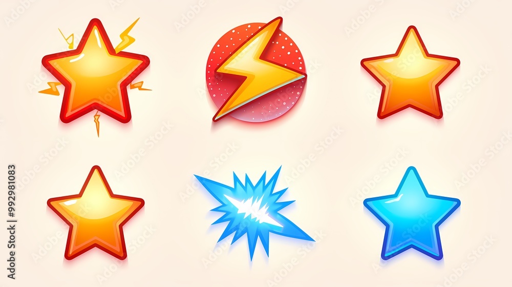 Obraz premium Star and lightning bolt game icons, cartoon style, simple shapes.