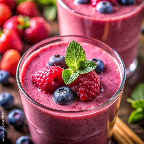 A vibrant and colorful smoothie topped with fresh berries and mint, showcased in a glass cup, highlighting the freshness and deliciousness of the drink.