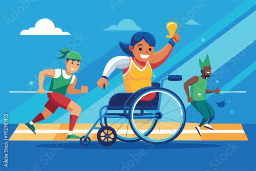 A joyful athlete in a wheelchair celebrates victory while diverse runners compete at a sports event, Customizable semi-flat illustration for disabled athletes.