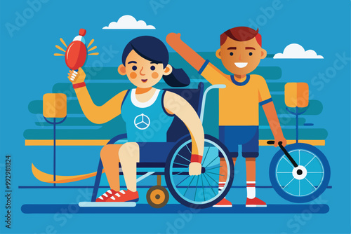 Two athletes with disabilities engage in physical activity in a bright outdoor park while smiling, Customizable semi-flat illustration for disabled athletes.