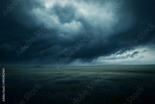 Storm clouds gather over the vast ocean, casting a dramatic shadow on the horizon