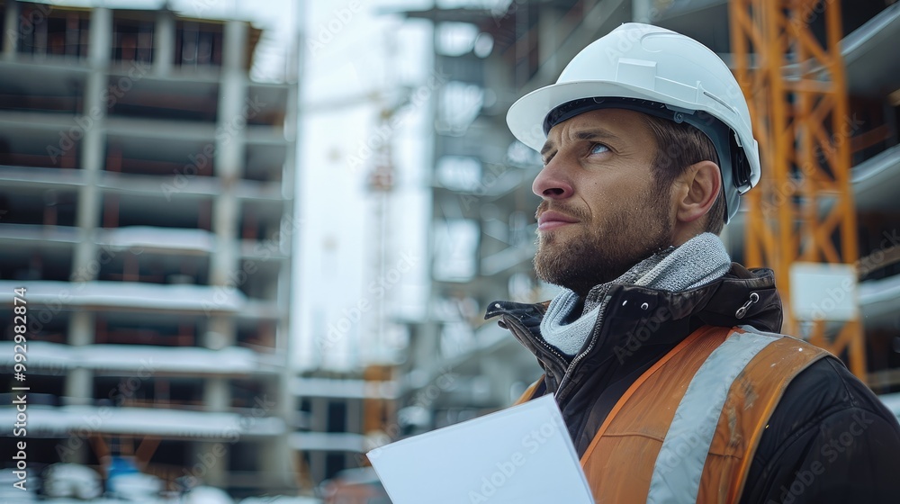 A engineer wearing a white helmet in a construction site. Generative AI. A engineer wearing a white helmet in a construction site. Generative AI.