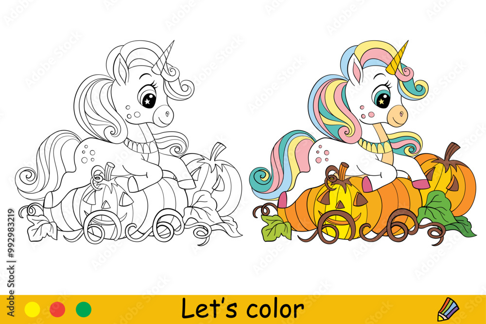 Fototapeta premium Halloween coloring cute unicorn on a pumpkins vector illustration