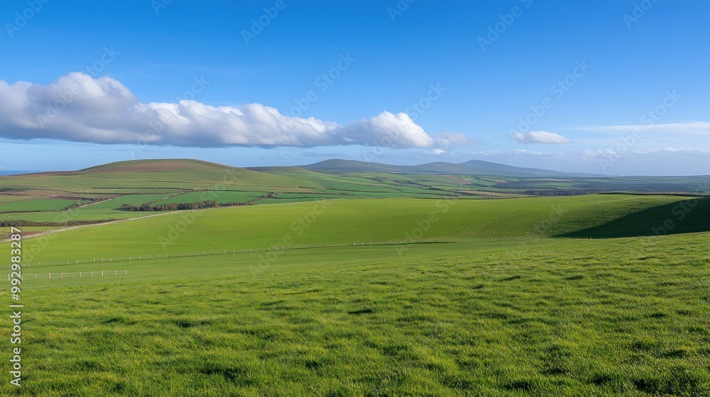 Fototapeta premium A serene landscape featuring rolling green hills under a clear blue sky with scattered clouds.