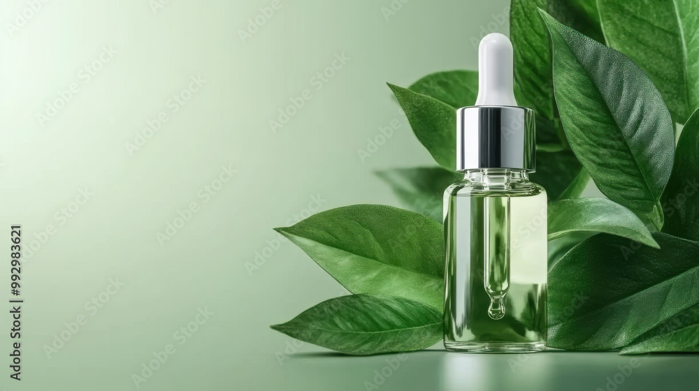 product shot of a glass dropper bottle surrounded by fresh green leaves product shot of a glass dropper bottle surrounded by fresh green leaves