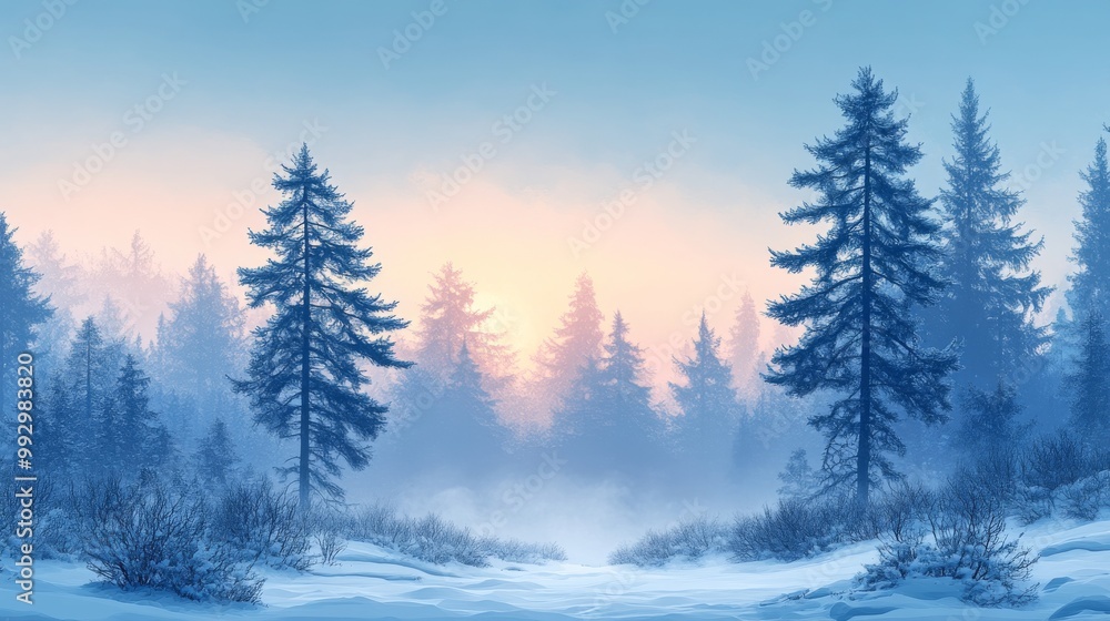 Fototapeta premium A snowy, wintery forest bathed in the soft light of dawn.