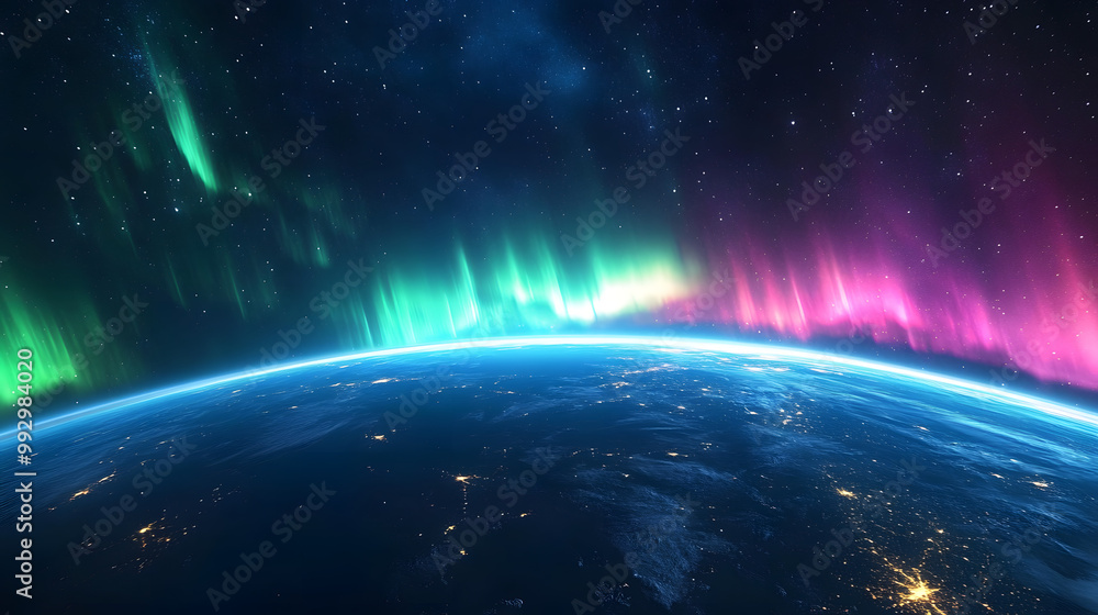 Fototapeta premium A Stunning View of Aurora Borealis Seen from Space with Vivid Waves of Light Dancing Across Earth's Atmosphere
