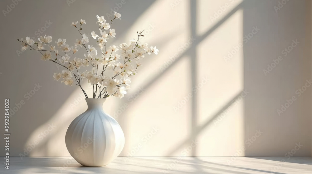 white vase and flowering branches on a white background in the sunlight white vase and flowering branches on a white background in the sunlight