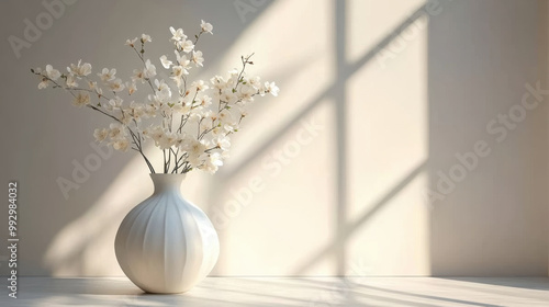 white vase and flowering branches on a white background in the sunlight