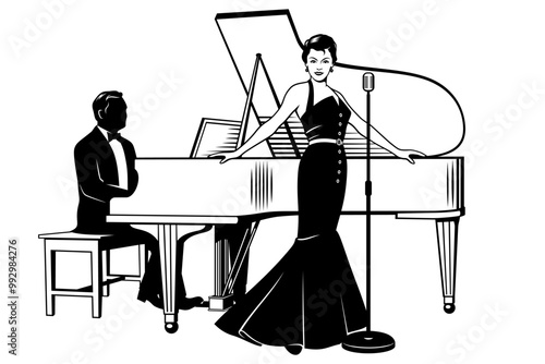 Singer woman standing near a piano. Pianist accompany her. Vector clipart isolated on white.