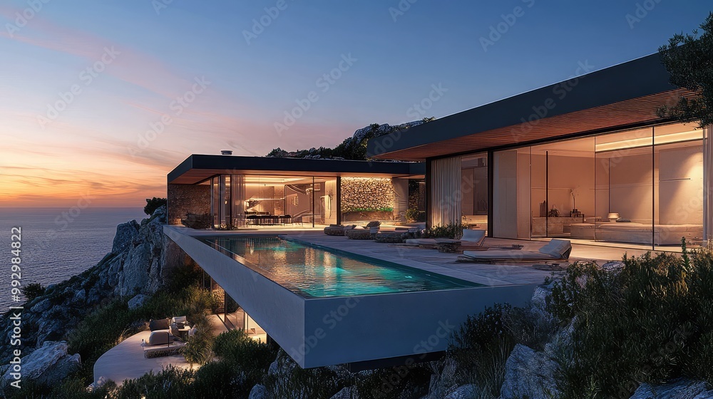 Fototapeta premium Modern coastal villa with a sleek design and breathtaking views of the rugged coastline