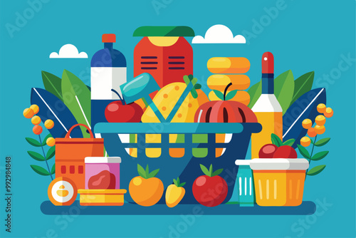 A colorful basket filled with groceries including fruits, vegetables, and beverages on a bright background, Customizable semi-flat illustration for grocery shopping.