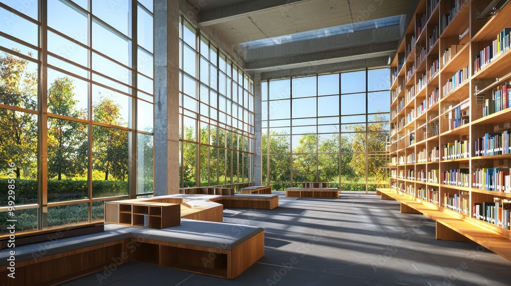 Realistic view of a new public library construction, capturing the modern design with large windows and reading nooks Realistic view of a new public library construction, capturing the modern design with large windows and reading nooks