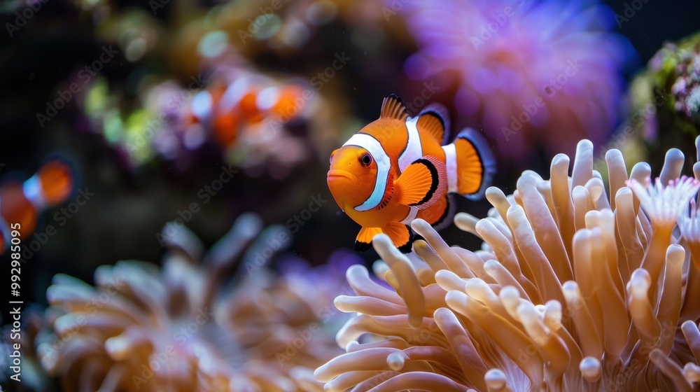 Clownfish and Anemone: A captivating scene featuring clownfish darting among the flowing tentacles of sea anemones, illustrating their beautiful symbiotic relationship.
Clownfish and Anemone: A captivating scene featuring clownfish darting among the flowing tentacles of sea anemones, illustrating their beautiful symbiotic relationship.