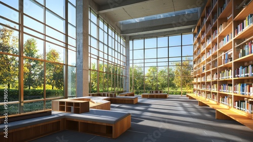 Realistic view of a new public library construction, capturing the modern design with large windows and reading nooks