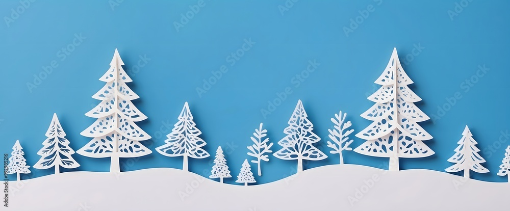white papercut winter scene or christmas with light blue background white papercut winter scene or christmas with light blue background