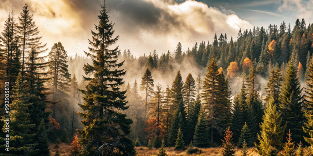 Obraz premium A serene spruce forest landscape bathed in morning light, with mist rising among the trees and colorful autumn foliage.