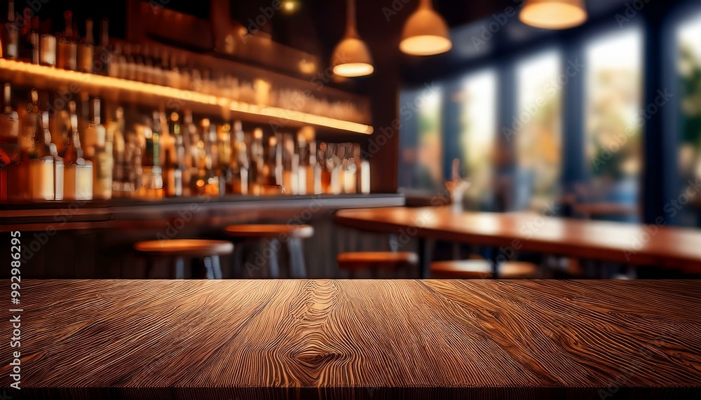 Wooden brown tabletop on the background of a blur bar. Blank countertop mockup for product presentation. Clean platform for drinks. bar in the night Wooden brown tabletop on the background of a blur bar. Blank countertop mockup for product presentation. Clean platform for drinks. bar in the night