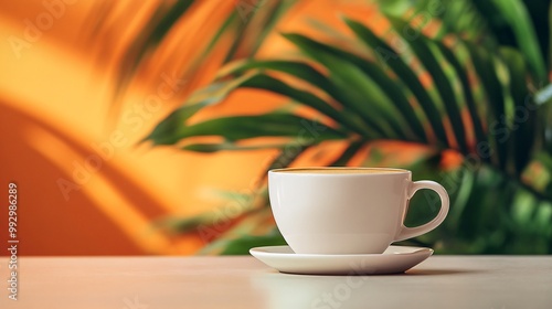 A white cup of coffee with a layer of foam sits on a saucer against a blurred background of orange and green foliage.