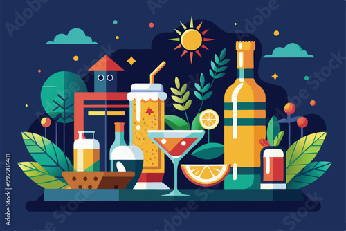 A lively arrangement featuring colorful drinks, snacks, and bright decorations for a joyful happy hour gathering, Customizable semi-flat illustration for happy hour.