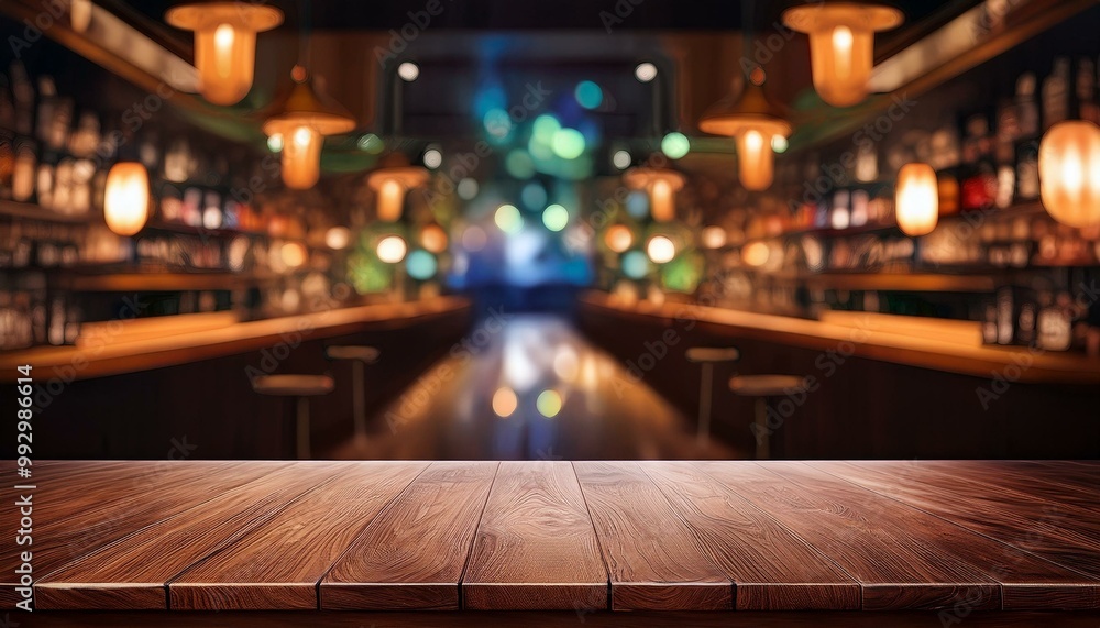 Wooden brown tabletop on the background of a blur bar. Blank countertop mockup for product presentation. Clean platform for drinks. bar in the night Wooden brown tabletop on the background of a blur bar. Blank countertop mockup for product presentation. Clean platform for drinks. bar in the night
