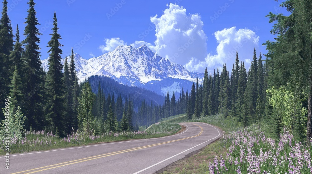 Scenic mountain road with lush greenery and vibrant flowers under a blue sky. Scenic mountain road with lush greenery and vibrant flowers under a blue sky.