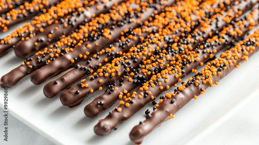 Fototapeta premium A tray of chocolate-covered pretzel sticks decorated with orange and black sprinkles, arranged neatly on a white surface for a festive Halloween treat.