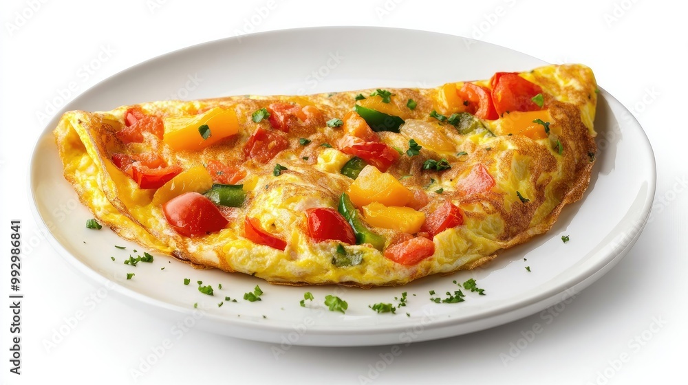 A vegetable-stuffed omelet with colorful peppers and tomatoes, sitting on a white plate, highlighted by the simplicity of the white background. A vegetable-stuffed omelet with colorful peppers and tomatoes, sitting on a white plate, highlighted by the simplicity of the white background.