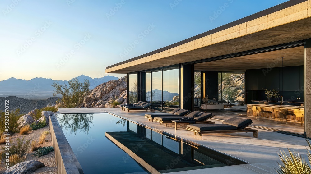 Fototapeta premium Modern desert retreat with minimalist architecture and stunning views of distant mountains