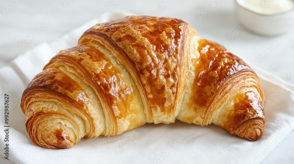 Close-up of a buttery croissant, its perfectly golden crust glistening, sitting on a simple white napkin against a light background. Close-up of a buttery croissant, its perfectly golden crust glistening, sitting on a simple white napkin against a light background.