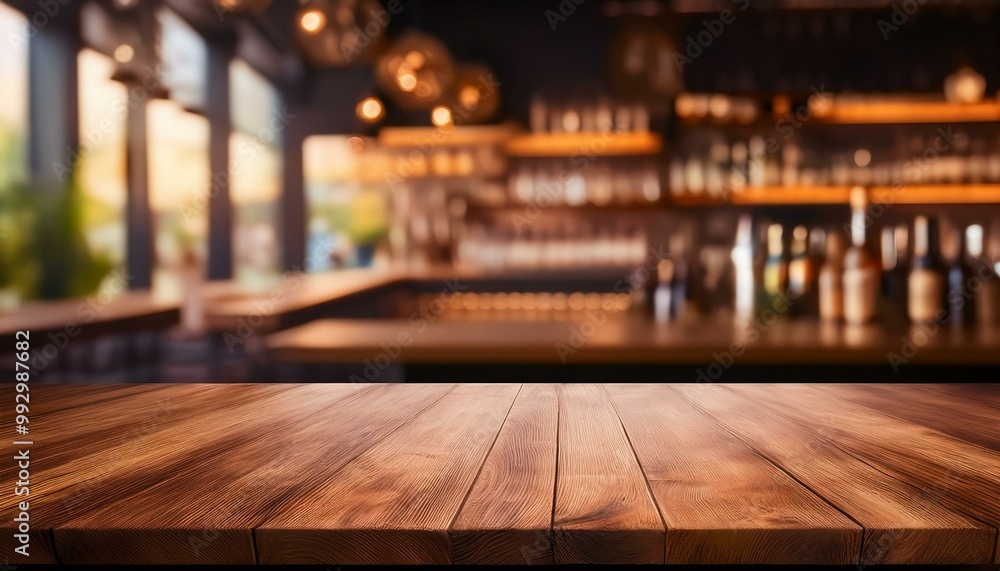 Wooden brown tabletop on the background of a blur bar. Blank countertop mockup for product presentation. Clean platform for drinks. bar in the night Wooden brown tabletop on the background of a blur bar. Blank countertop mockup for product presentation. Clean platform for drinks. bar in the night