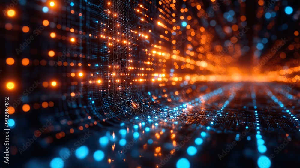 Illuminated fiber optic connections against a tech background, depicting a quantum computing network and global intelligence systems. Illuminated fiber optic connections against a tech background, depicting a quantum computing network and global intelligence systems.