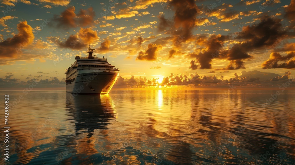 Fototapeta premium Cruise ship at sunrise in the Maldives, golden light reflecting off the calm ocean waters.