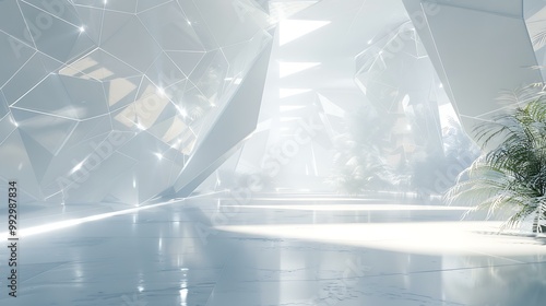 A white futuristic landscape featuring abstract geometric patterns with a subtle metallic texture and soft lighting
