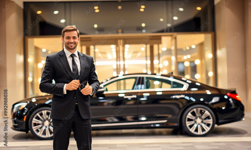 A sharp-dressed hotel valet in a sleek black uniform standing beside a luxury car under the bright lights of a grand hotel entrance A sharp-dressed hotel valet in a sleek black uniform standing beside a luxury car under the bright lights of a grand hotel entrance