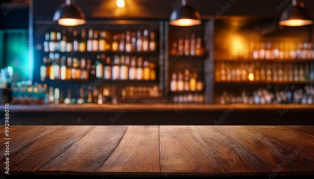 Wooden brown tabletop on the background of a blur bar. Blank countertop mockup for product presentation. Clean platform for drinks. bar in the night Wooden brown tabletop on the background of a blur bar. Blank countertop mockup for product presentation. Clean platform for drinks. bar in the night