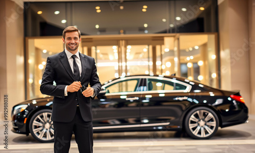 A sharp-dressed hotel valet in a sleek black uniform standing beside a luxury car under the bright lights of a grand hotel entrance