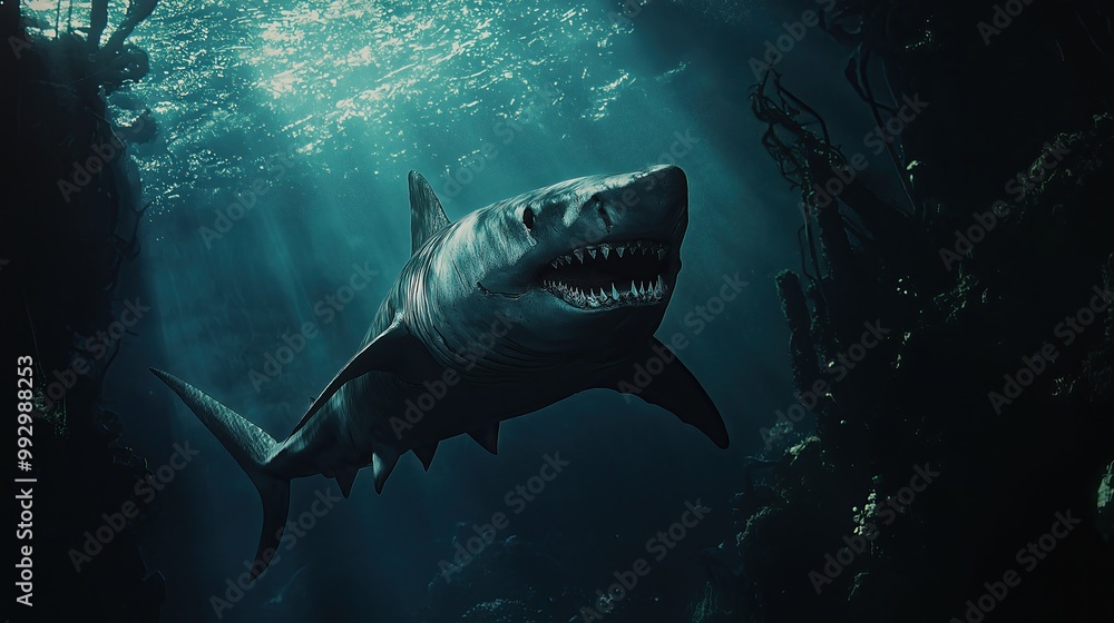 Fototapeta premium Shark glides through the ocean.