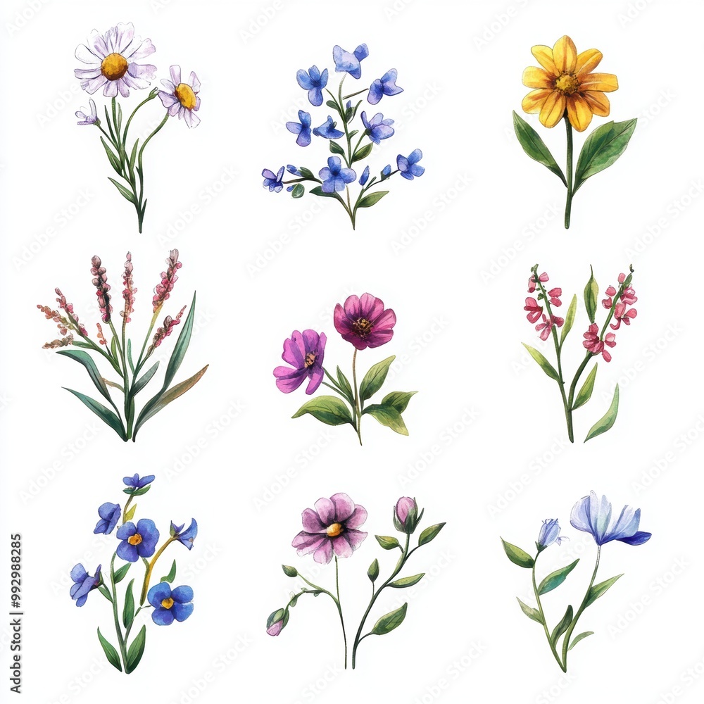 Watercolor Wildflowers Set.