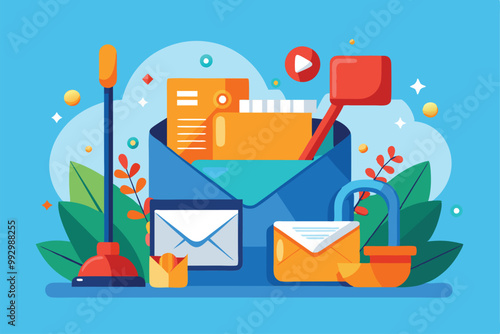 The illustration shows a vibrant workspace with envelopes and tools for an inbox clearing process, Customizable Semi Flat Illustration for Inbox Cleanup