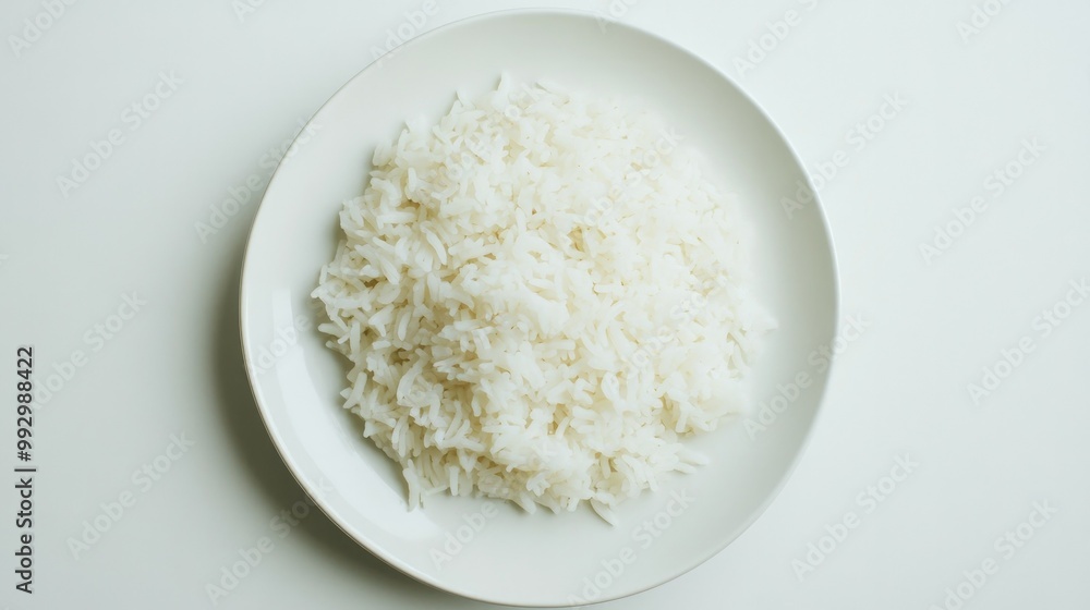 Fluffy white rice neatly arranged on a white plate, set against a white backdrop, creating a minimalist and clean food presentation. Fluffy white rice neatly arranged on a white plate, set against a white backdrop, creating a minimalist and clean food presentation.