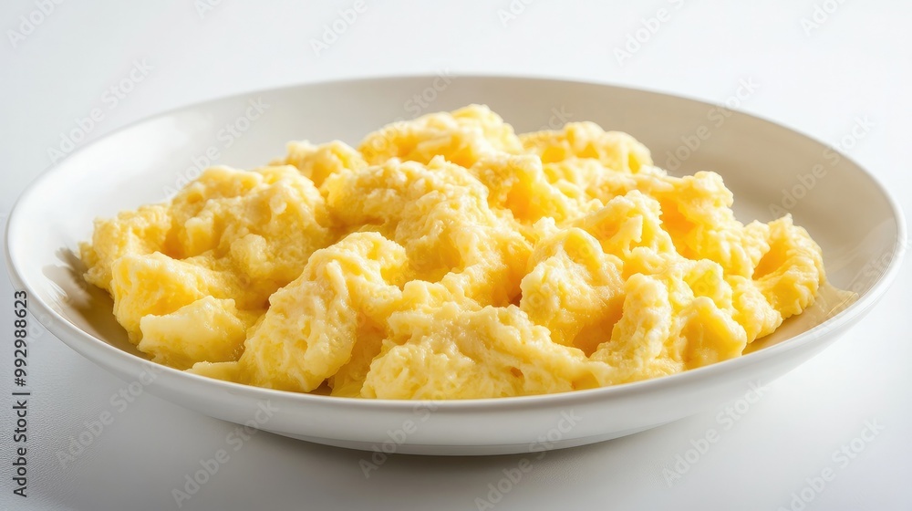 Golden scrambled eggs with a soft, creamy texture, placed on a white plate and set against a bright white backdrop, emphasizing simplicity. Golden scrambled eggs with a soft, creamy texture, placed on a white plate and set against a bright white backdrop, emphasizing simplicity.