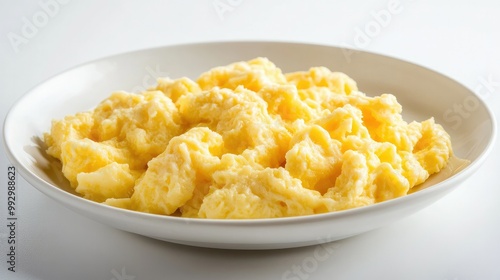 Golden scrambled eggs with a soft, creamy texture, placed on a white plate and set against a bright white backdrop, emphasizing simplicity.