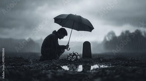 Person kneeling in front of a gravestone in the rain holding an umbrella